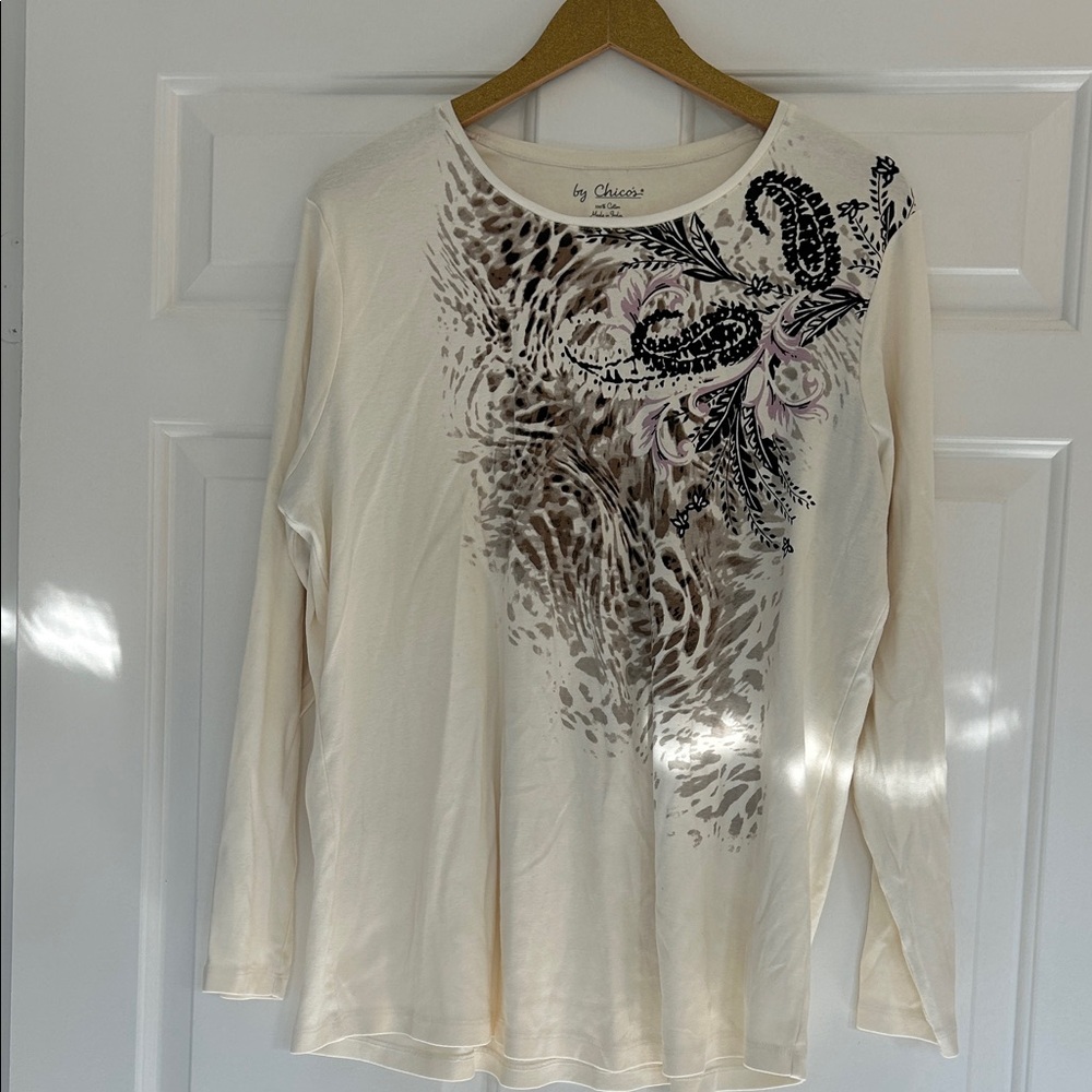 Chico's Beige and Black Patterned Long Sleeve Top